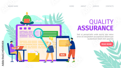 Quality assurance and programming development, landing banner vector illustration. Laptop software service, man woman character test application.