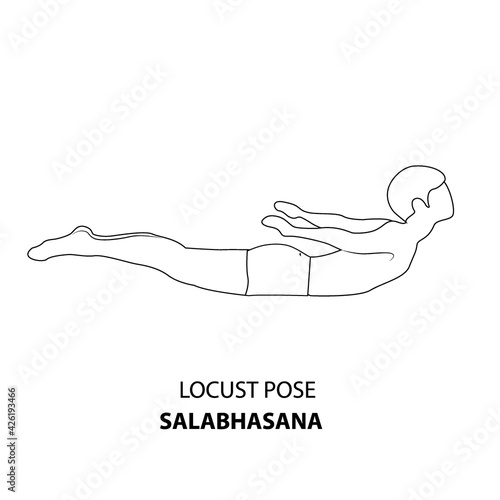 Man practicing yoga pose isolated outline Illustration. Man standing in locust pose or salabhasana pose, Yoga Asana line icon