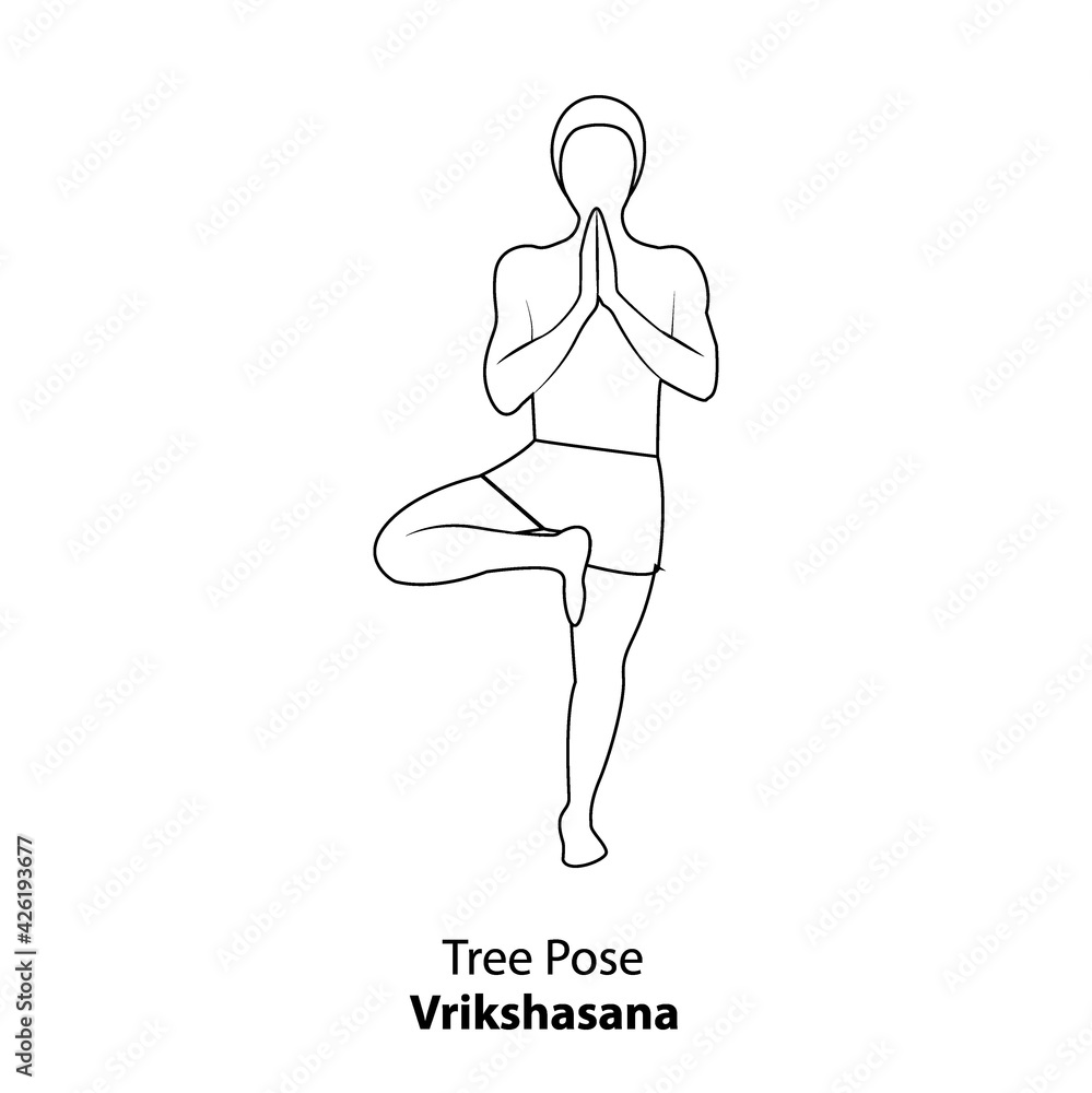 Man practicing yoga pose isolated outline Illustration. Man standing in tree pose or vrikshasana pose, Yoga Asana line icon Man practicing yoga pose isolated outline Illustration. Man standing in tree pose or vrikshasana pose, Yoga Asana line icon