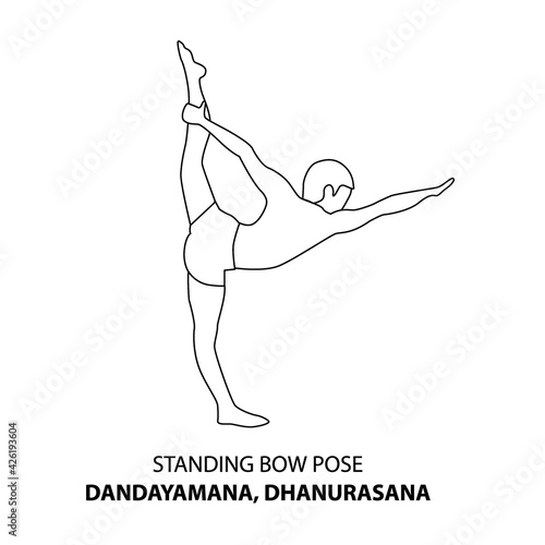 Man practicing yoga pose isolated outline Illustration. Man standing in standing bow pose dandayamana, dhanurasana pose, Yoga Asana line icon