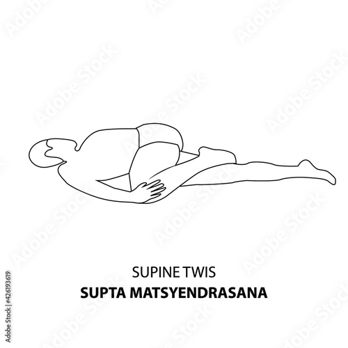 Man practicing yoga pose isolated outline Illustration. Man lying on the ground in supine twist or supta mtsyendrasana pose, Yoga Asana line icon