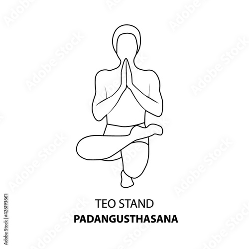 Man practicing yoga pose isolated outline Illustration. Man standing in teo stand pose or padangusthasana pose, Yoga Asana line icon