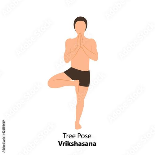 Man practicing yoga pose isolated Vector Illustration. Man standing in tree pose or vrikshasana pose, Yoga Asana icon