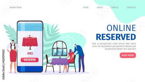 Online table reservation service, flat landing page, vector illustration. Cartoon woman customer character sitting in restaurant, web page.