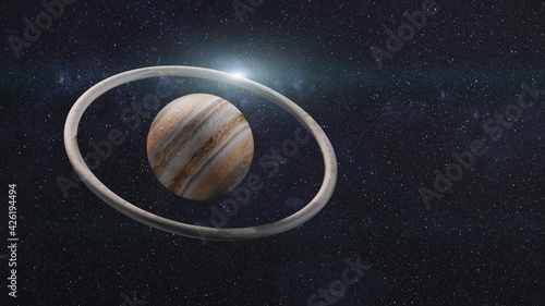Fototapeta Naklejka Na Ścianę i Meble -  Fantastic Jupiter planet with torus rock ring around with lens flare. Wide 3D rendered illustration. Elements of this image furnished by NASA.