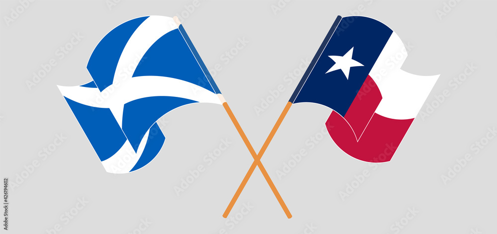 Crossed and waving flags of Scotland and the State of Texas Crossed and waving flags of Scotland and the State of Texas
