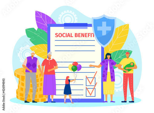 Social benefit document concept, vector illustration. Finance help for old people, family with little kid, financial protection form.