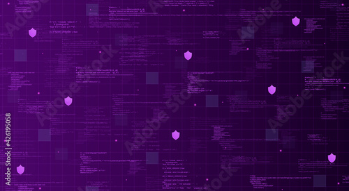 Technological background purple with code elements and lights lines 3d
