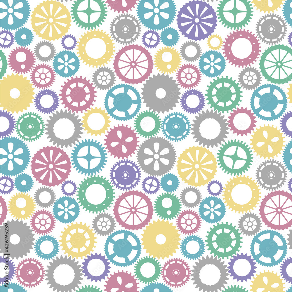 Vector seamless patern gears. Colored round gear elements of the mechanism. Isolated details on white.