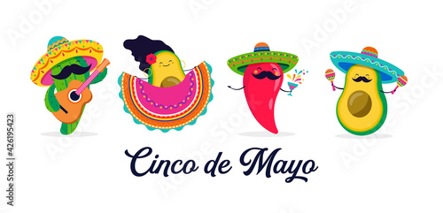 Cinco de Mayo - May 5, federal holiday in Mexico. Fun, cute characters as chilli pepper, avocado, cactus playing guitar, dancing and drinking tequila. 