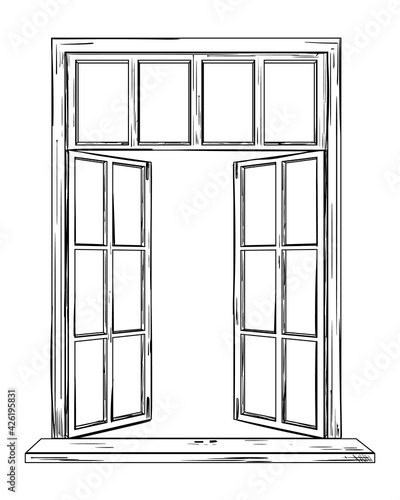 Vector drawing of an open window, isolated object in sketch style. Open home window to the outside illustration.