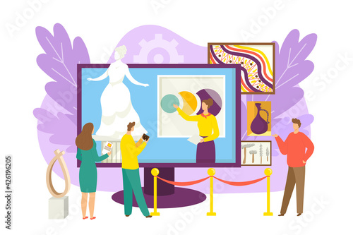 Virtual gallery, people at online exhibition technology concept, vector illustration. Man woman character with guide service look art picture