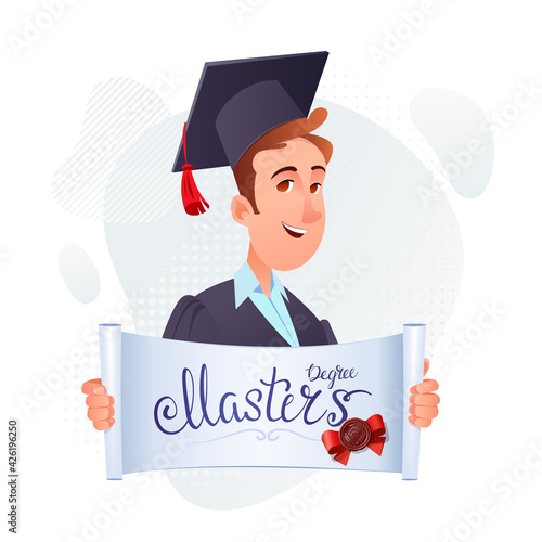 Young guy graduate with an opened certificate in his hands and the inscription Masters degree. In a prom dress and cap