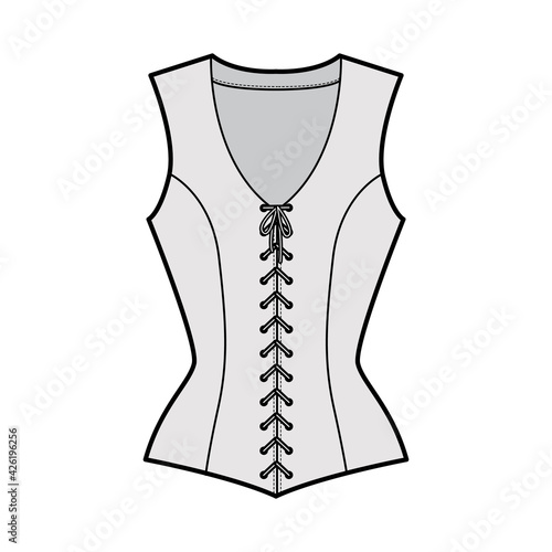 Bodice vest waistcoat technical fashion illustration with sleeveless, V-neck, lacing front closure, fitted body. Flat template back, white, grey color style. Women, men, unisex top CAD mockup