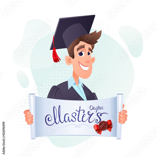 Young guy graduate with an opened certificate in his hands and the inscription Masters degree. In a prom dress and cap