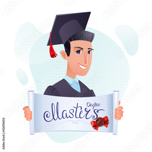 Young guy graduate with an opened certificate in his hands and the inscription Masters degree. In a prom dress and cap