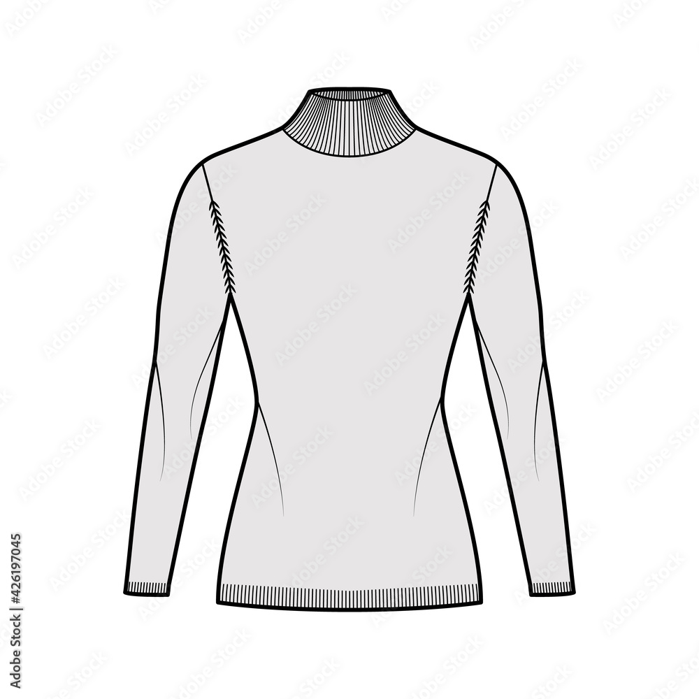 Turtleneck Sweater technical fashion illustration with long sleeves, fitted body, hip length, knit trim. Flat jumper apparel front, white, grey color style. Women men unisex CAD mockup Turtleneck Sweater technical fashion illustration with long sleeves, fitted body, hip length, knit trim. Flat jumper apparel front, white, grey color style. Women men unisex CAD mockup