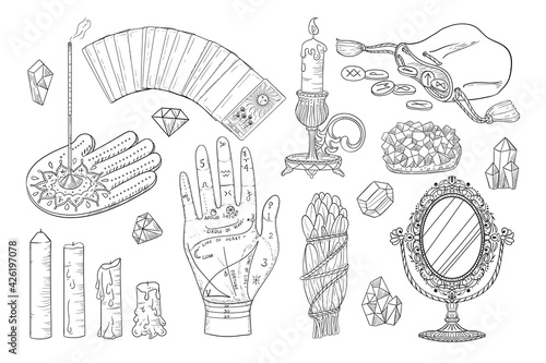 Hand drawn esoteric acult icons in sketch style. Vector witchcraft set, magic objects and mystery symbols antique mirror, candles, crystals, runes, tarot cards. 
