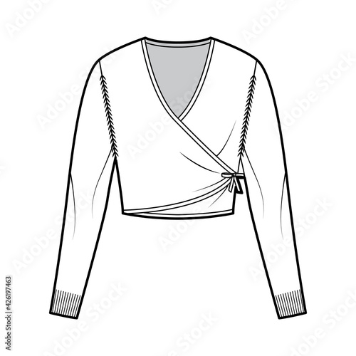 Ballet cardigan technical fashion illustration with V- neck, long sleeves, slim fit, crop length, knit rib trim. Flat Sweater bolero apparel front, white color style. Women, men unisex CAD mockup