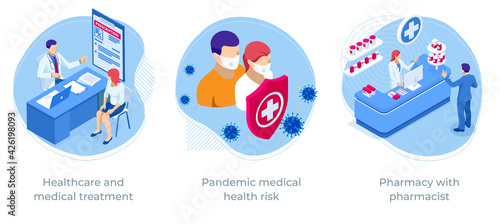 Isometric Healthcare and medical treatment, Pandemic medical health risk, Pharmacy with pharmacist