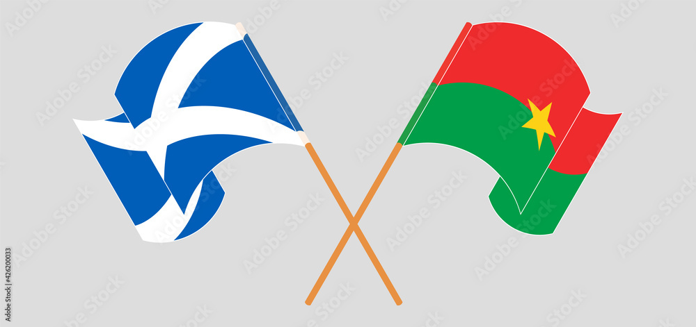 Crossed and waving flags of Scotland and Burkina Faso Crossed and waving flags of Scotland and Burkina Faso