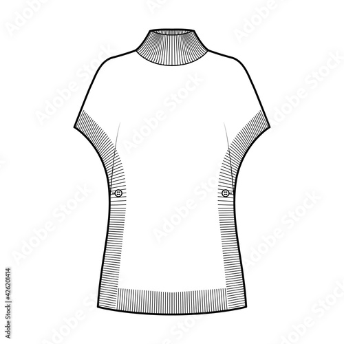 Poncho Sweater technical fashion illustration with rib turtleneck, short batwing sleeves, oversized, hip length, knit trim. Flat apparel front, white color style. Women, men unisex CAD mockup
