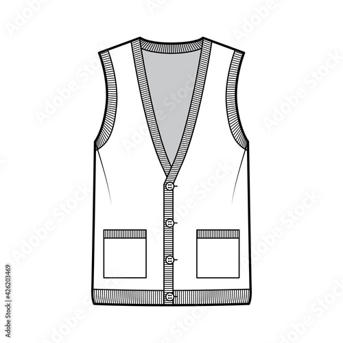 Cardigan vest sweater waistcoat technical fashion illustration with sleeveless, rib knit V-neckline, button closure, pockets. Flat template front, white color style. Women, men, unisex top CAD mockup