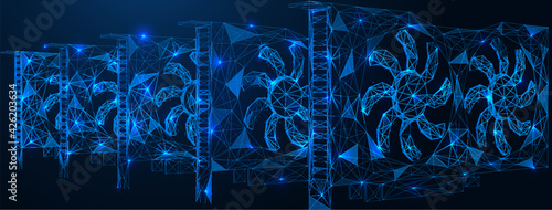 A number of graphics cards. GPU hardware for cryptocurrency mining. Polygonal construction of concatenated lines and points. Blue background.
