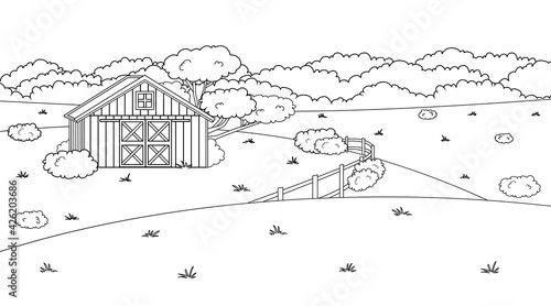 Black white monochrome cartoon doodle vector cute summer or spring farm in countryside. Red barn, fence, fields and trees, bushes and plants for animals life background, coloring books.
