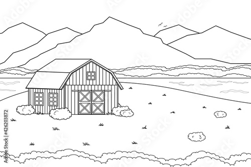 Black white Vector outline cartoon summer spring landscape countryside scene with field house river illustration. Hand drawn doodle red barn, mountains, Forest trees bushes and river lake, birds.