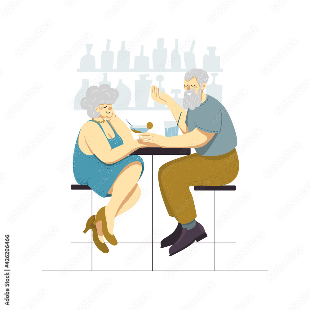 Vector illustration of a happy senior couple drinking cocktails at the bar. Romantic date of an old man and an elderly woman. Modern grandparents having drinks and fun for leisure. Active retirement.