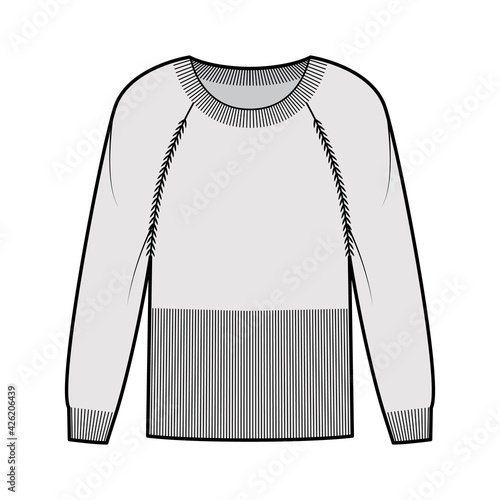 Waisted Sweater technical fashion illustration with rib round neck, long raglan sleeves, fitted body, hip length, knit trim. Flat apparel front, grey color style. Women, men unisex CAD mockup