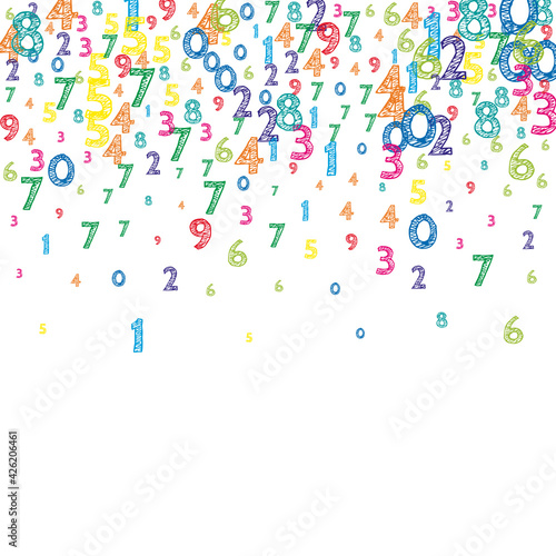 Falling colorful orderly numbers. Math study concept with flying digits. Likable back to school mathematics banner on white background. Falling numbers vector illustration.