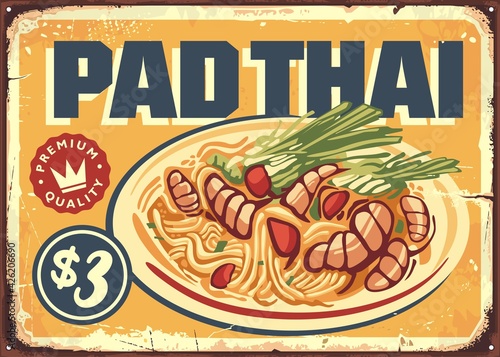 Pad Thai retro restaurant menu sign board with delicious noodle meal. Asian cuisine retro poster design. Vector food illustration.