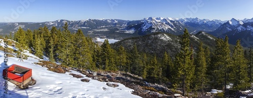 Fotografi Panoramic Aerial Landscape View of Frozen Barrier Lake, Snowy Kananaskis Range M