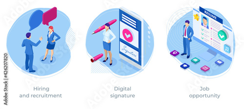 Isometric Hiring and recruitment, Digital signature, Job opportunity. HR managers, job seekers, resumes.