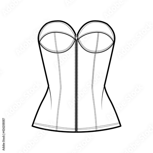 Denim corset top bustier technical fashion illustration with basque, strapless, zip-up closure, cups, fitted body. Flat apparel template front, white color style. Women, men, unisex CAD mockup