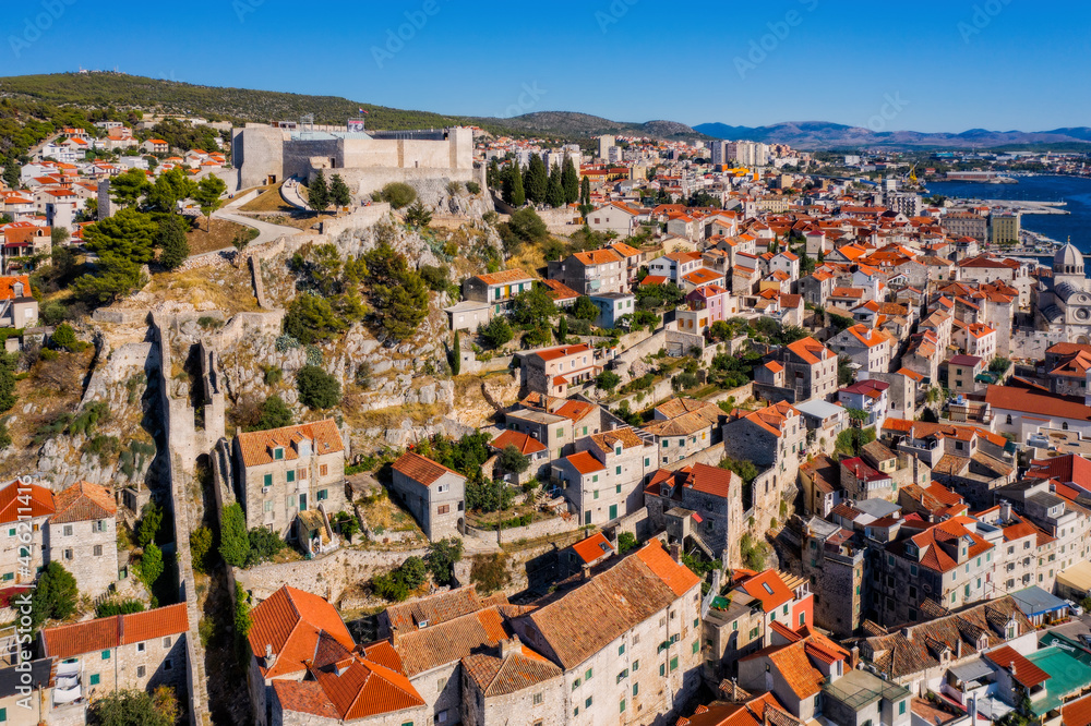 Fototapeta premium Panorama of the mediterranean city of Sibenik and cathedral of St. James. Croatia. Aerial drone shot in september 2020