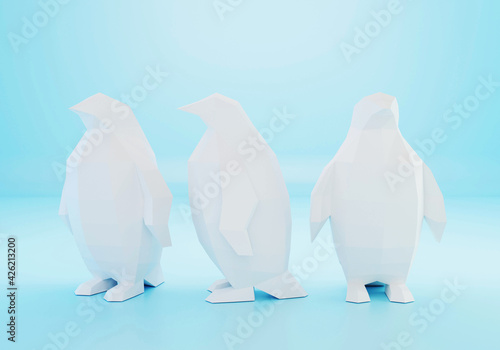 Paper sculpture of a low poly Penguins, folded paper animal, papercraft, 3d render