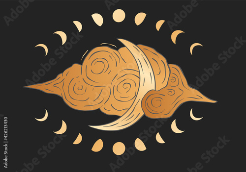 Lunar celestial cloud and moon card. Sacred astrology boho esoteric golden poster. Gold star art.