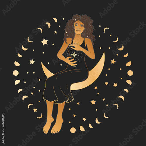 Celestial African American woman sacred astrology feminine boho esoteric golden and black black card art. Girl on the moon and star magic vector poster.