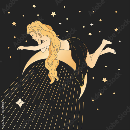 Celestial woman sacred astrology feminine boho esoteric golden and black black card art. Girl on the moon and star magic vector poster.