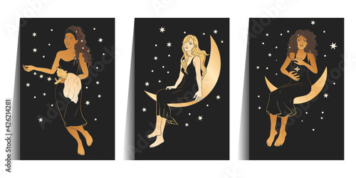 Celestial African American woman and cat sacred astrology boho esoteric art. Moon and star golden magic girl black card set.