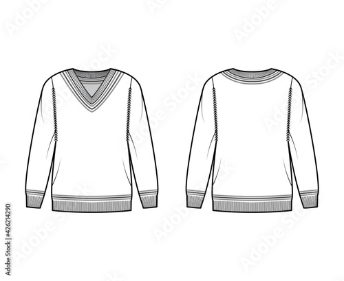 Cricket Sweater technical fashion illustration with stripes, rib V-neck, long sleeves, oversized, hip length, knit cuff trim. Flat apparel front, back, white color style. Women, men unisex CAD mockup