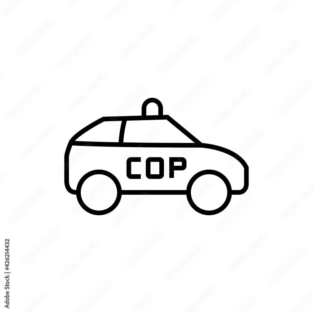 Obraz premium cop car icon, patrol car symbol in flat black line style, isolated on white background