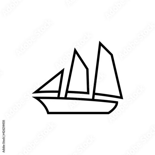 Boat, sail icon. schooner ship symbol in flat black line style, isolated on white background
