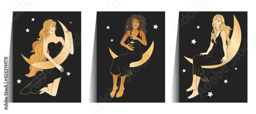 Celestial woman sacred astrology feminine boho esoteric golden and black black poster art. Moon and star magic vector card set.
