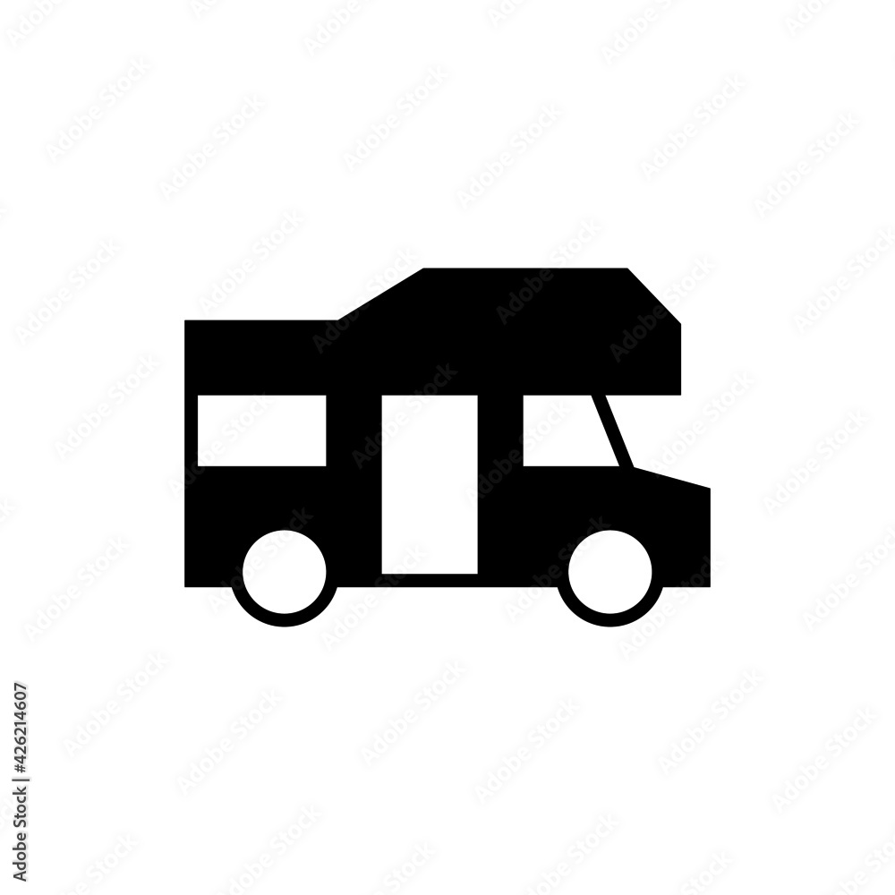 Bus, camp, camper icon, campsite car symbol in solid black flat shape glyph icon, isolated on white background