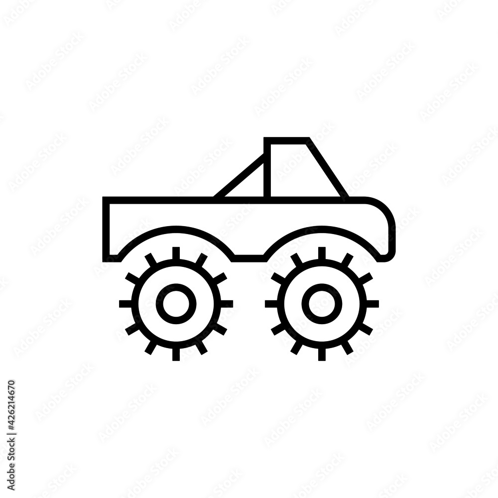 monster car icon, monster truck symbol in flat black line style, isolated on white background
