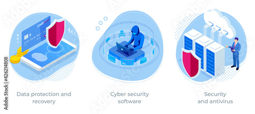 Isometric Online information protect, internet digital technology. Digital crime by an anonymous hacker. Security and antivirus